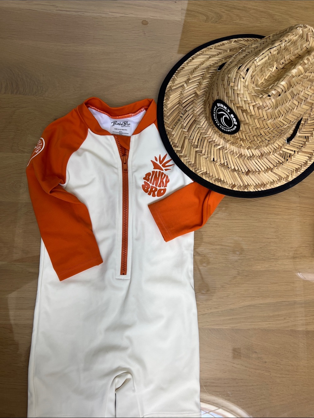 Binky Bro Orange & White Zip Rash Guard One-Piece and hat
